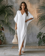 Solara Maxi Dress in lightweight chiffon with V-neck, featuring relaxed silhouette, ideal for warm-weather, by Lauven.