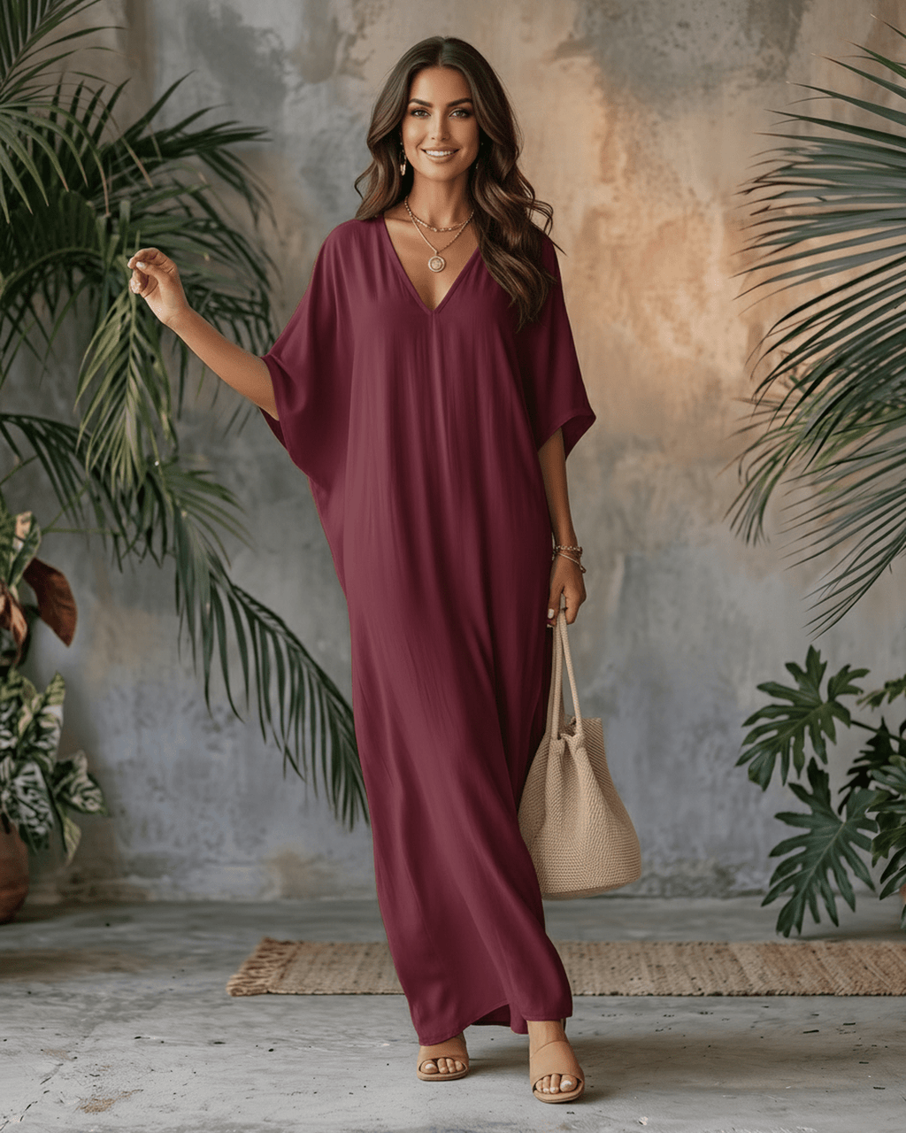 Solara Maxi Dress in burgundy, lightweight chiffon, relaxed silhouette for effortless warm-weather style by Lauven.