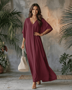Solara Maxi Dress in lightweight chiffon, featuring a V-neck and relaxed silhouette, perfect for warm-weather styling by Lauven.