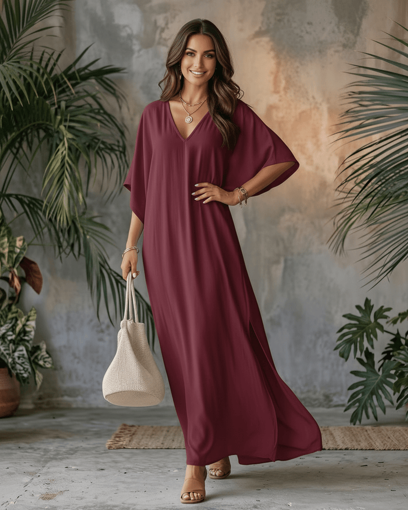 Solara Maxi Dress in lightweight chiffon, featuring a V-neck and relaxed silhouette, perfect for warm-weather styling by Lauven.