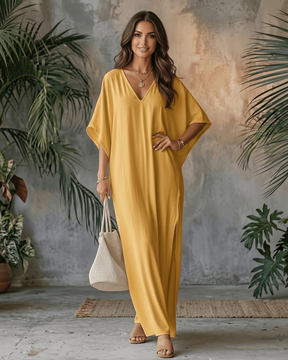 Solara Maxi Dress in yellow chiffon, featuring a V-neck, relaxed silhouette, perfect for warm weather by Lauven.