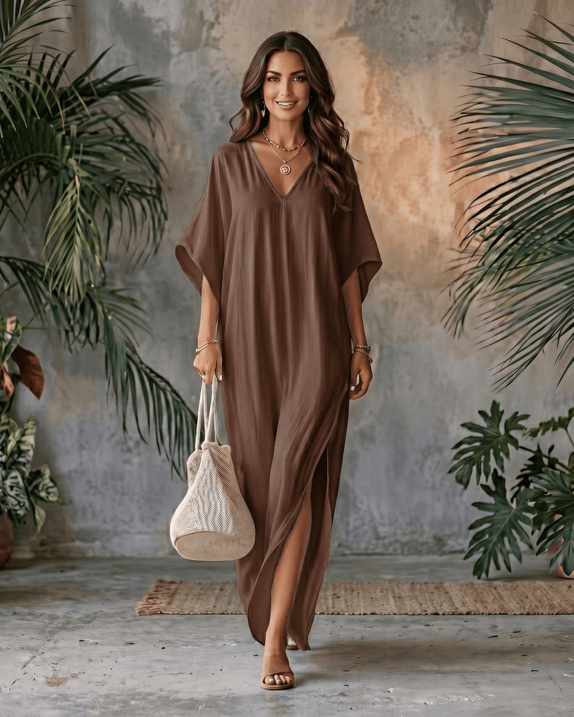 Solara Maxi Dress in lightweight chiffon, V-neck style, featuring a relaxed silhouette by Lauven for effortless summer elegance.