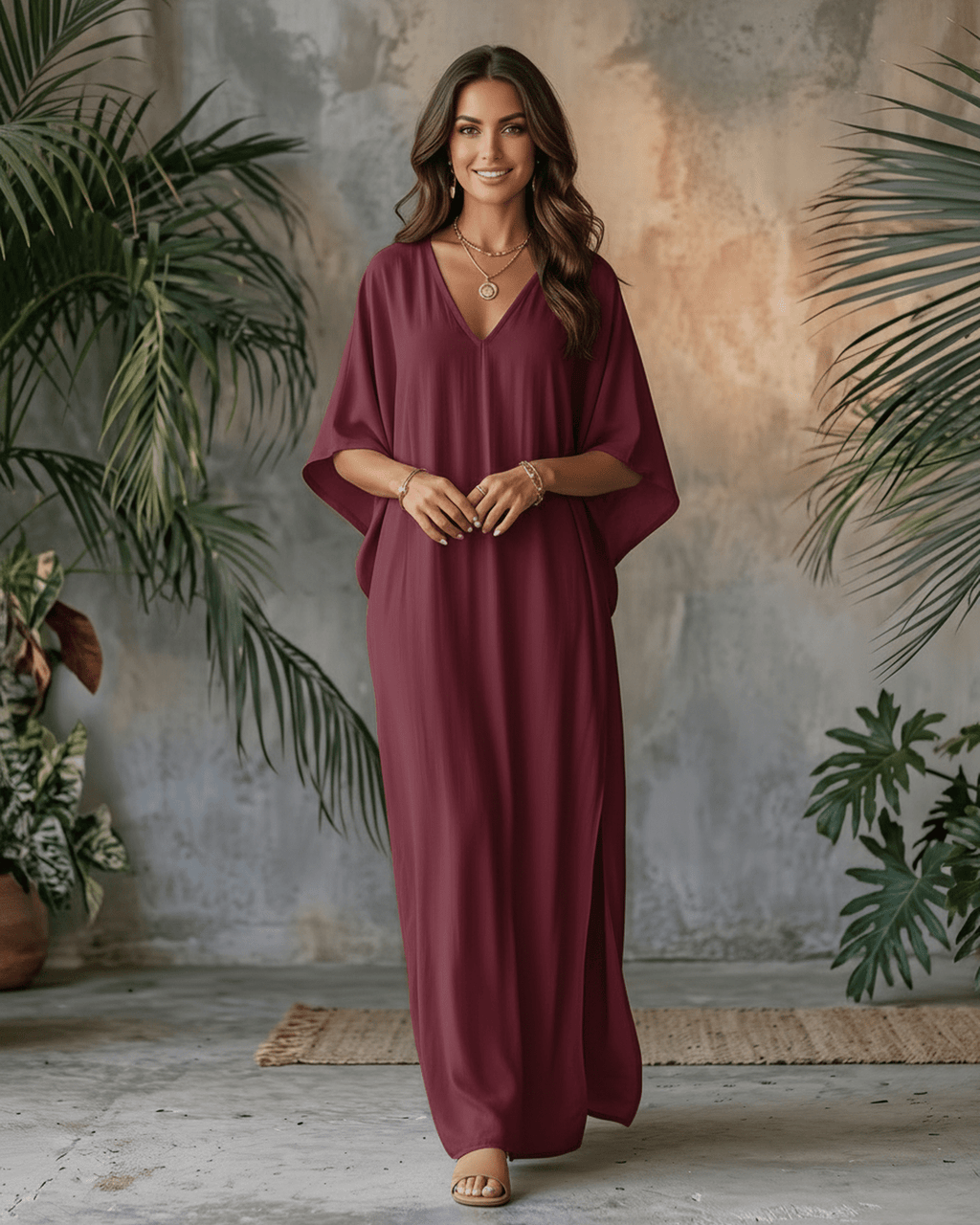 Solara Maxi Dress in burgundy chiffon, featuring a V-neck and relaxed silhouette for effortless warm-weather styling by Lauven.