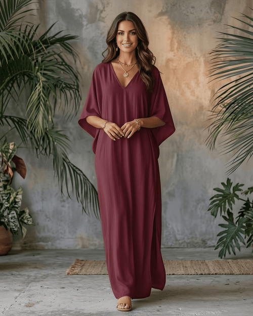 Solara Maxi Dress in burgundy chiffon, featuring a V-neck and relaxed silhouette for effortless warm-weather styling by Lauven.