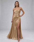 Solara Maxi Dress by Lauven - Luxurious champagne satin gown with high slit, elegant eveningwear.