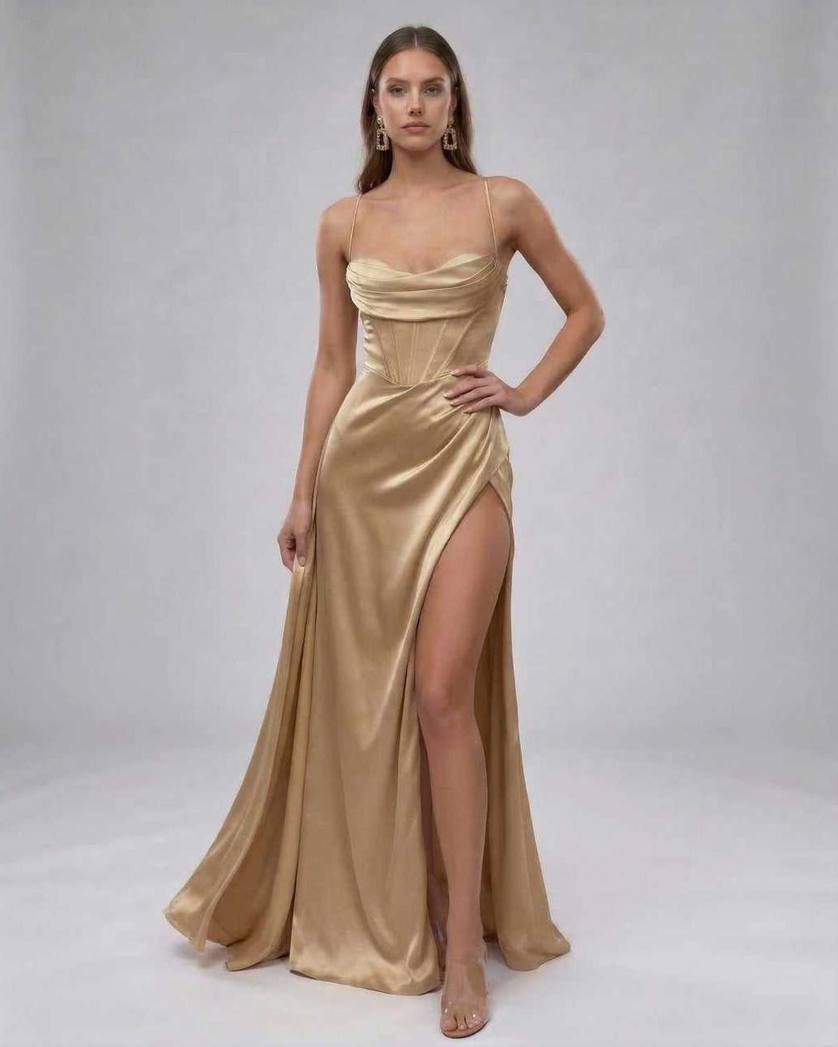 Solara Maxi Dress by Lauven - Luxurious champagne satin gown with high slit, elegant eveningwear.