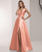 Solara Maxi Dress - Elegant satin A-line peach gown with V-neck, bow detail, perfect for formal occasions by Lauven.