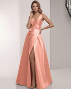 Solara Maxi Dress – Satin A-Line Peach Maxi Dress with V-Neck and Bow Detail from Lauven, perfect for formal occasions.