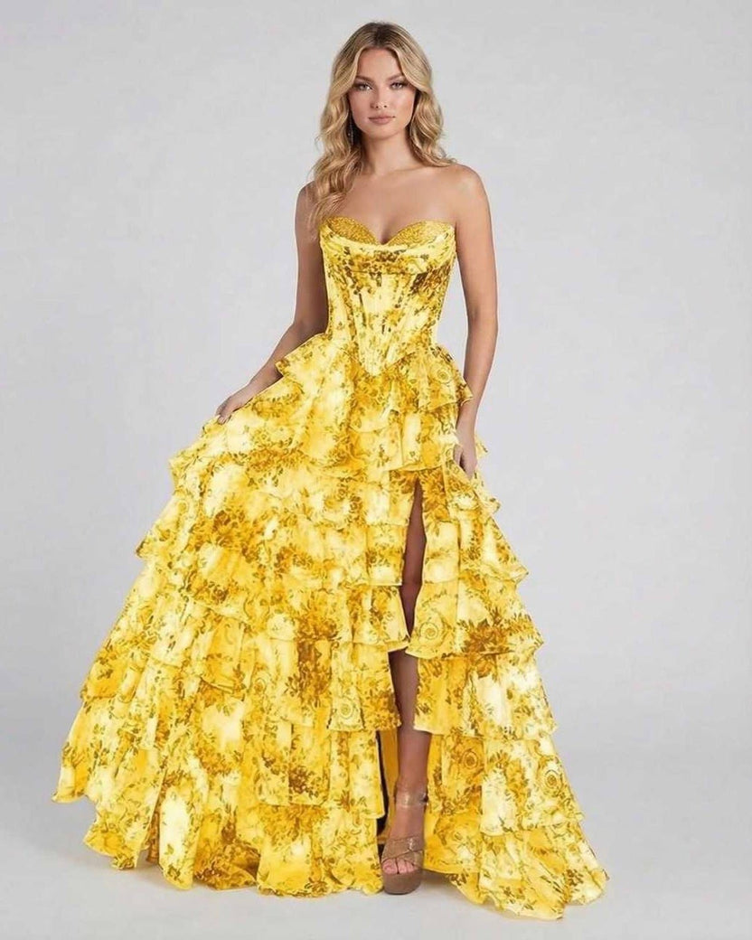 Solara Maxi Dress by Lauven - Stunning yellow floral tiered chiffon gown with structured corset bodice.