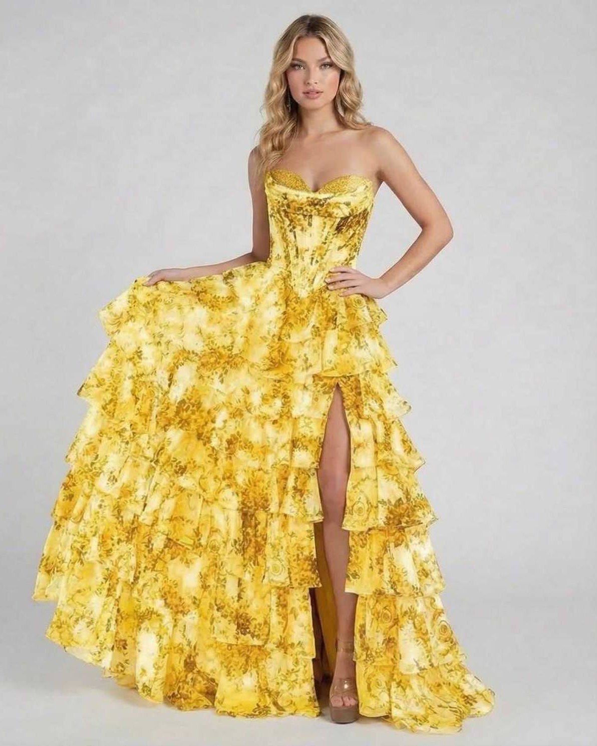 Solara Maxi Dress by Lauven in yellow floral chiffon with a tiered design and sweetheart neckline.