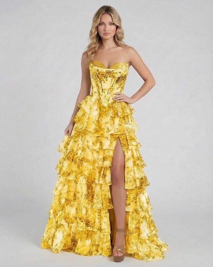 Solara Maxi Dress by Lauven in yellow floral tiered chiffon, featuring a sweetheart neckline and cascading layers.