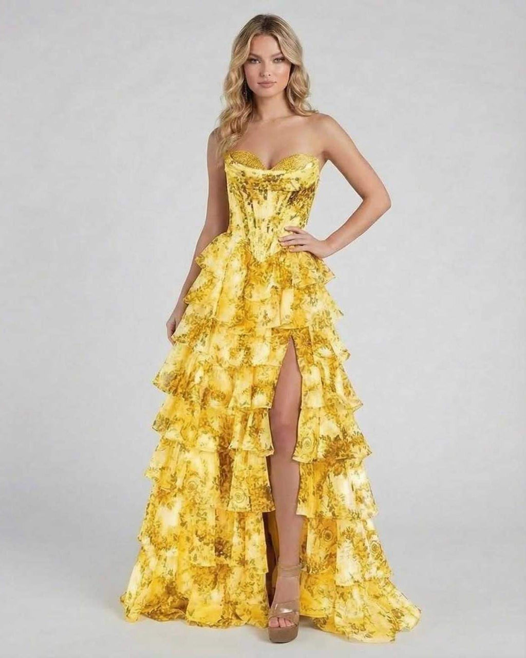 Lauven Solara Maxi Dress - Yellow floral tiered chiffon gown featuring structured bodice and elegant silhouette.