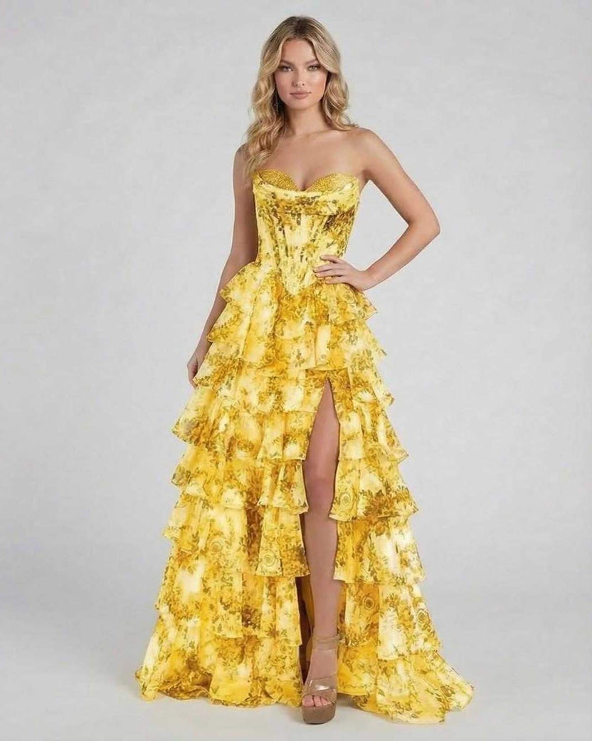 Lauven Solara Maxi Dress - Yellow floral tiered chiffon gown featuring structured bodice and elegant silhouette.