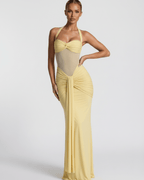 Solara Maxi Dress - Yellow Halter Dress with Mesh Panel and Mermaid Silhouette by Lauven.