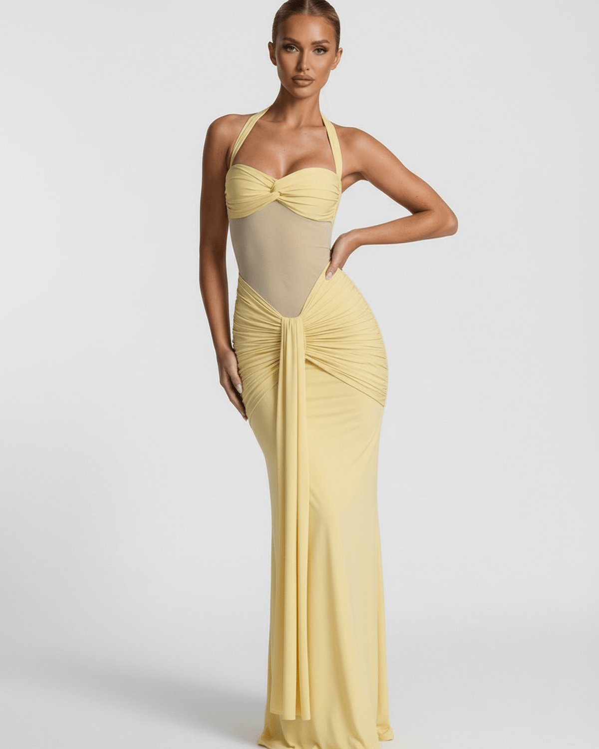 Solara Maxi Dress - Yellow Halter Dress with Mesh Panel and Mermaid Silhouette by Lauven.