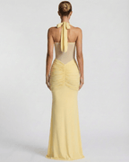 Solara Maxi Dress - elegant yellow halter dress with mesh panel and mermaid silhouette by Lauven.