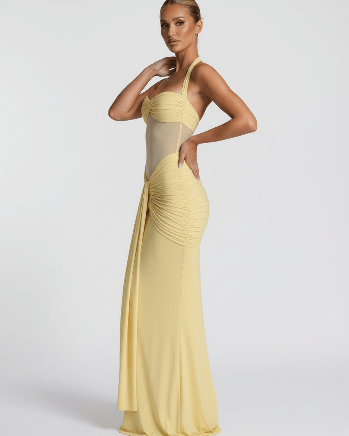 Solara Maxi Dress — Yellow Halter Maxi Dress with Mesh Panel and Mermaid Silhouette by Lauven.