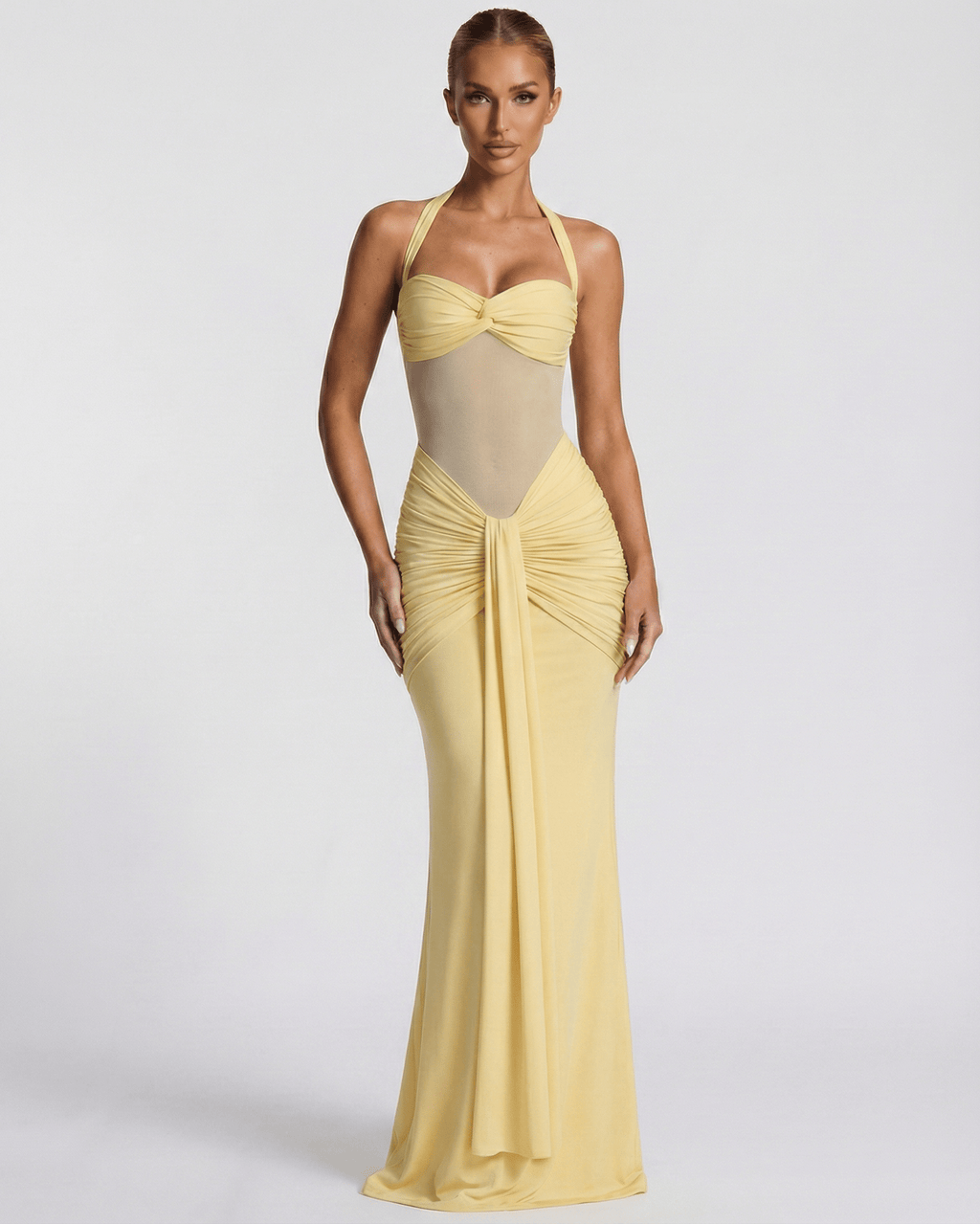 Solara Maxi Dress in yellow with mesh panel, mermaid silhouette, by Lauven, exuding elegance and sophistication.
