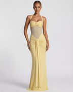 Solara Maxi Dress in yellow with mesh panel, mermaid silhouette, by Lauven, exuding elegance and sophistication.