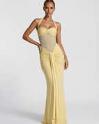 Solara Maxi Dress - Yellow Halter Maxi Dress with Mesh Panel and Mermaid Silhouette by Lauven