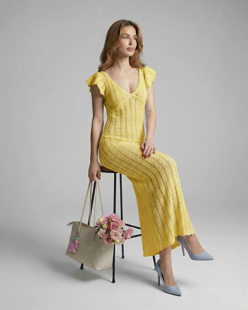 Solara Maxi Dress by Lauven, vibrant yellow lace dress with V-neck and ruffle sleeves, showcasing elegant style.