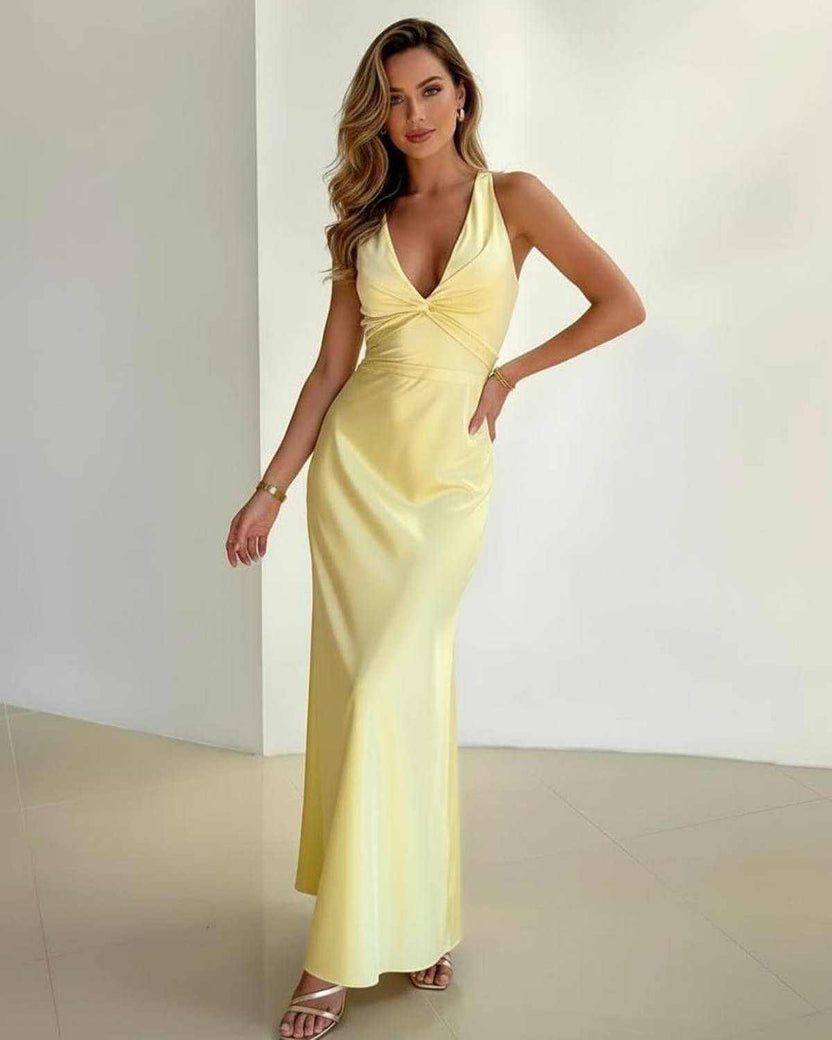 Solara Maxi Dress by Lauven, yellow satin maxi dress with sleeveless V-neck and A-line silhouette.