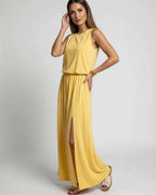Solara Maxi Dress showcasing vibrant yellow fabric, sleeveless design, side slit, by Lauven for stylish comfort.