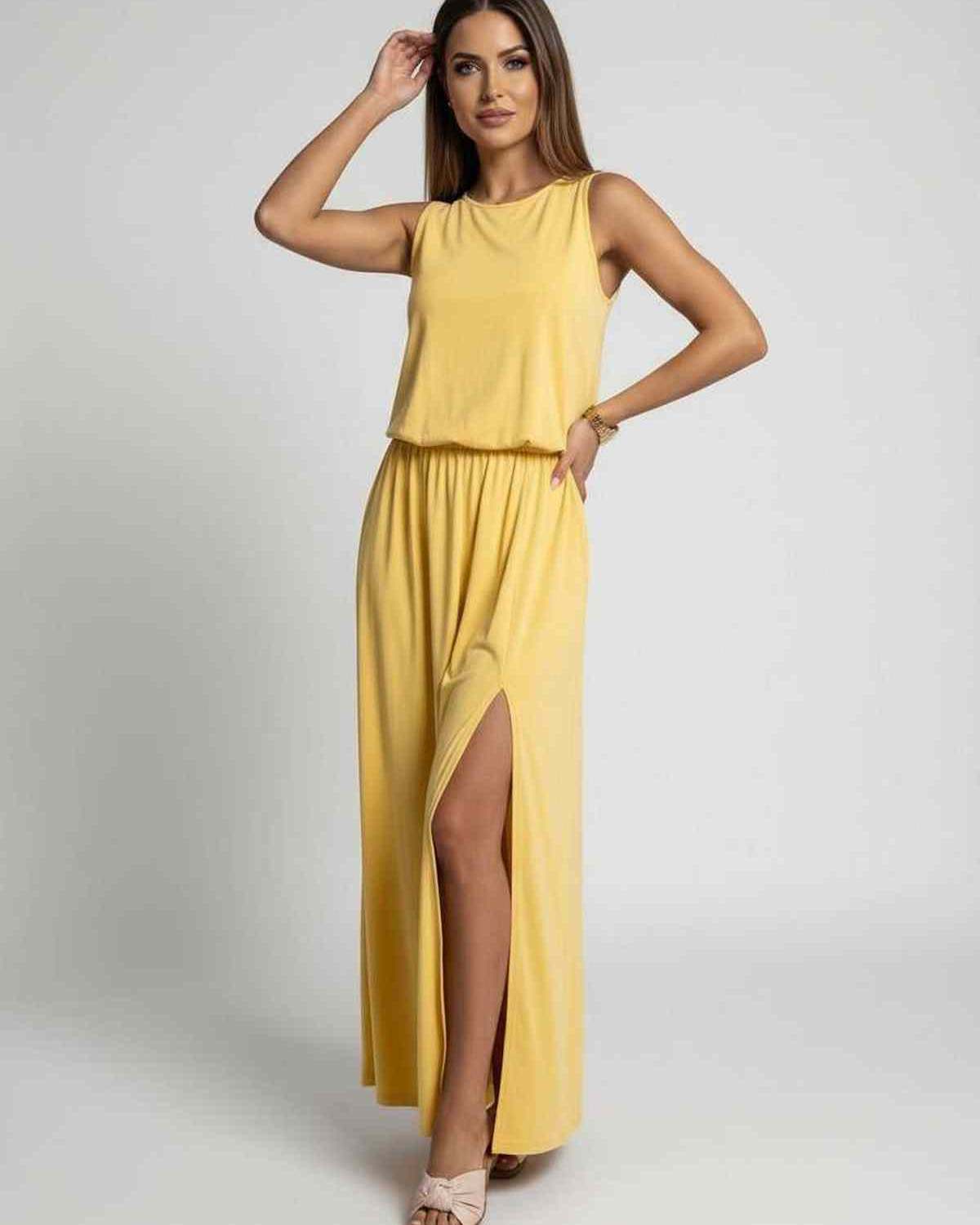 Solara Maxi Dress in yellow featuring a sleeveless silhouette and side slit by Lauven, offering stylish comfort.