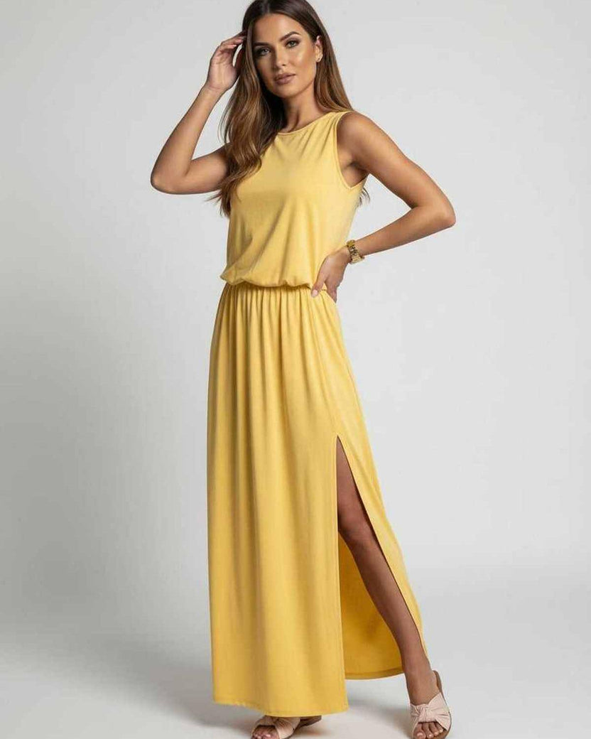 Solara Maxi Dress showcasing vibrant yellow color, sleeveless silhouette, side slit, and designed by Lauven for elegant comfort.