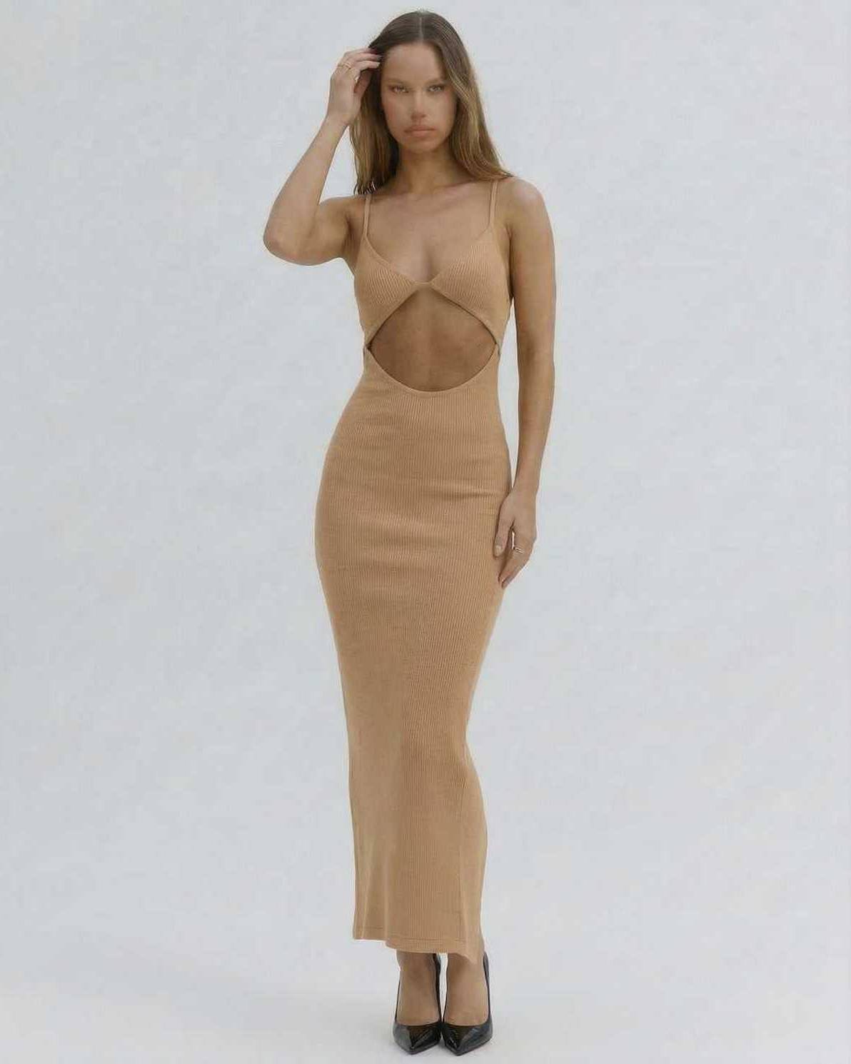 Solara Midi Dress from Lauven, elegant cut-out spaghetti strap design in nude for modern sophistication.