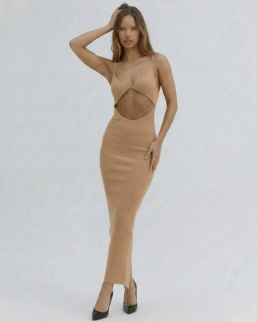 Solara Midi Dress by Lauven – Elegant nude cut-out spaghetti strap dress emphasizing a sophisticated silhouette.
