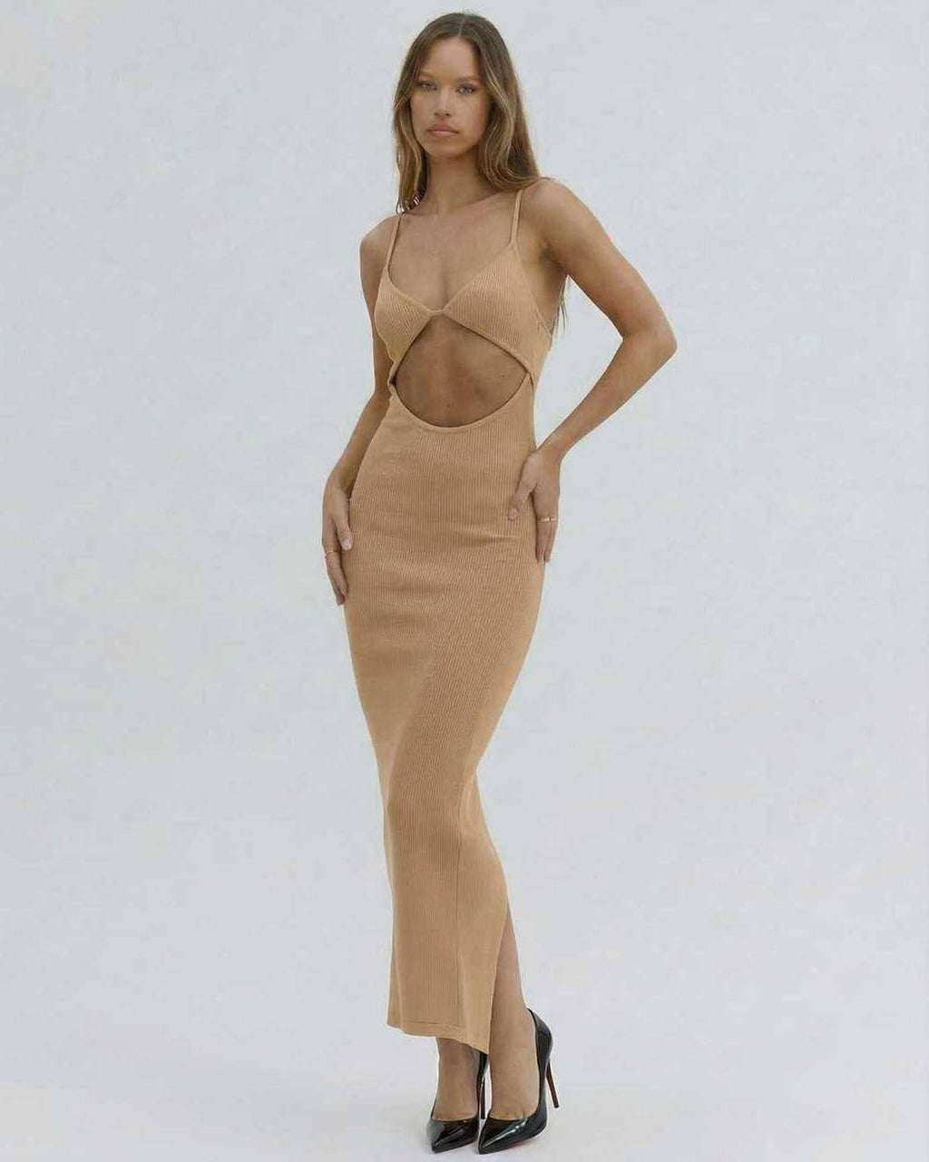 Solara Midi Dress by Lauven - Elegant cut-out spaghetti strap dress in nude, perfect for modern elegance.