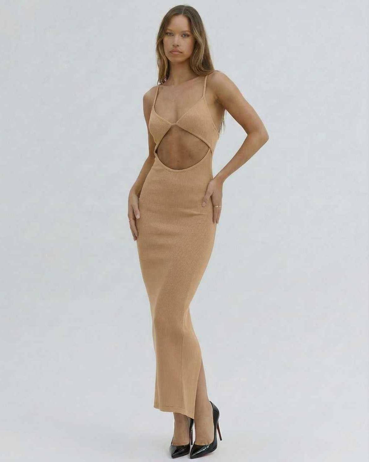 Solara Midi Dress by Lauven - Elegant cut-out spaghetti strap dress in nude, perfect for modern elegance.