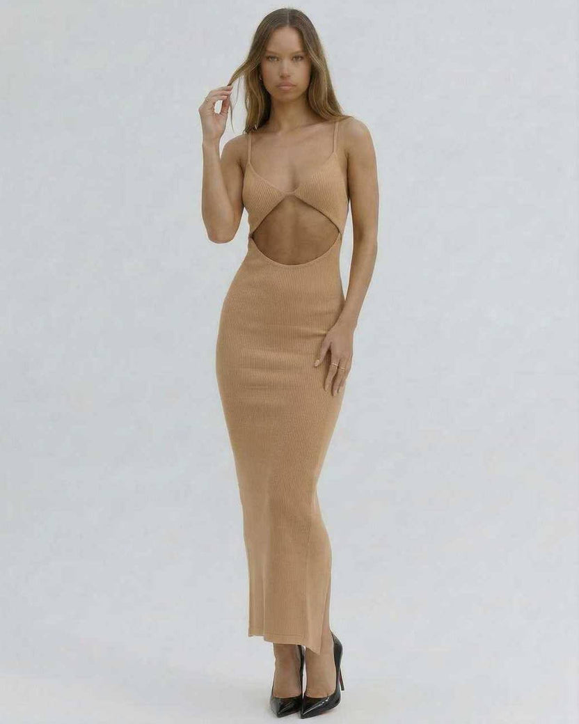 Solara Midi Dress by Lauven, elegant cut-out design with spaghetti straps in nude, showcasing a flattering slim fit.
