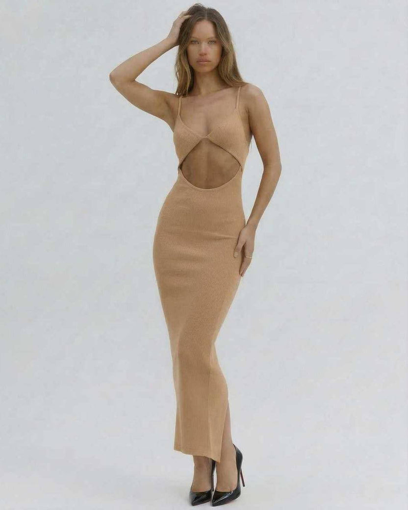 Solara Midi Dress by Lauven, elegant cut-out spaghetti strap dress in nude, showcasing modern elegance.