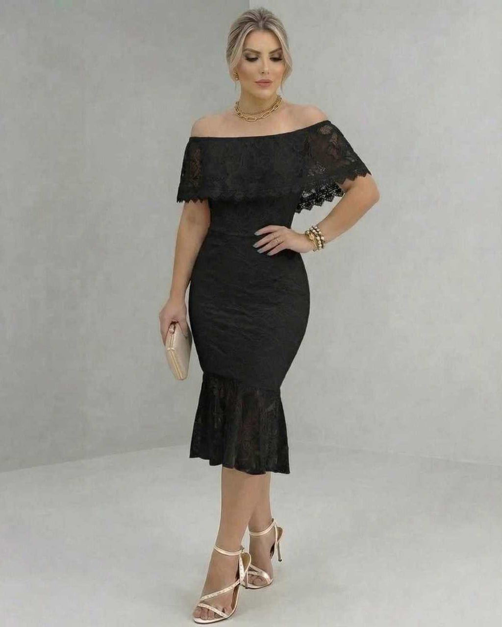 Lauven Solara Midi Dress with off-the-shoulder lace design, flattering silhouette for evening events.