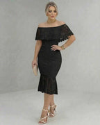 Lauven Solara Midi Dress with off-the-shoulder lace design, flattering silhouette for evening events.