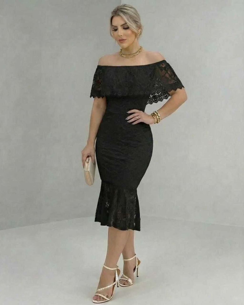 Solara Midi Dress by Lauven featuring off-the-shoulder lace design and flattering silhouette for cocktail parties.