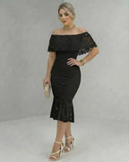 Solara Midi Dress by Lauven featuring off-the-shoulder lace design and flattering silhouette for cocktail parties.