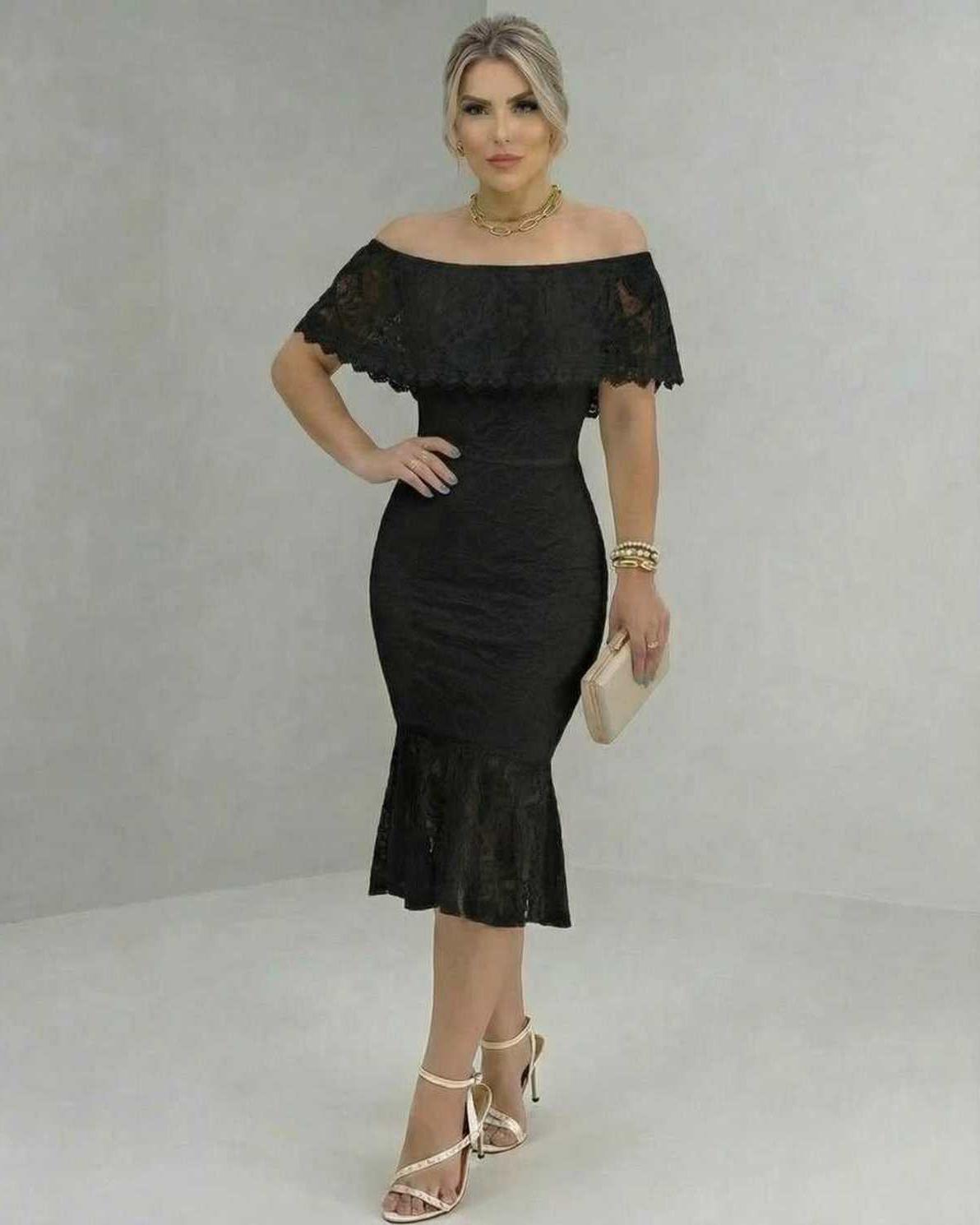 Solara Midi Dress by Lauven featuring off-the-shoulder lace design, flattering fit, and elegant silhouette for evening events.