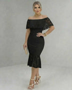 Solara Midi Dress by Lauven featuring off-the-shoulder lace design and flattering mid-length silhouette.