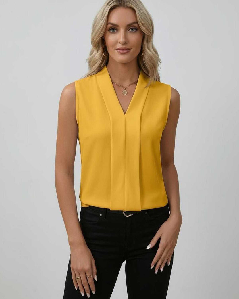 Solara Top by Lauven, elegant sleeveless yellow V-neck top for a fresh look in modern dressing.