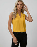 Solara Top by Lauven, elegant sleeveless V-neck yellow top, perfect for versatile daytime and evening looks.