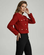 Soleil Jacket by Lauven - Vibrant red wool blend jacket with elegant gold buttons, tailored silhouette.