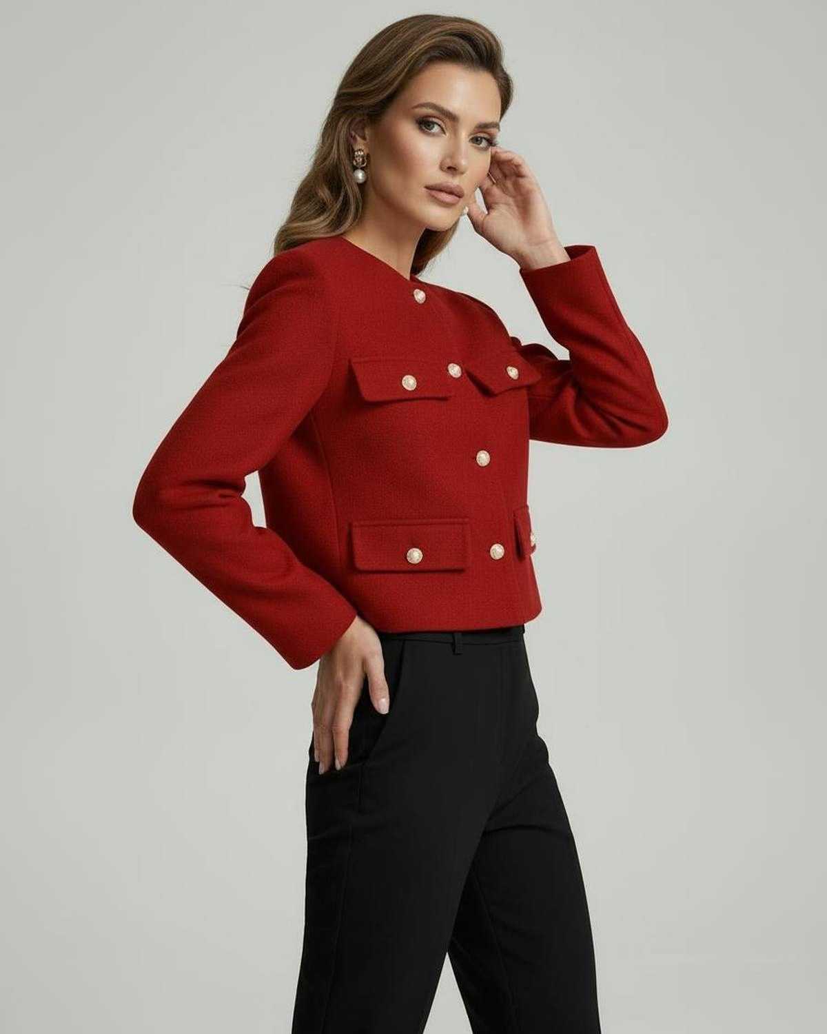 Soleil Jacket by Lauven - Vibrant red wool blend jacket with elegant gold buttons, tailored silhouette.