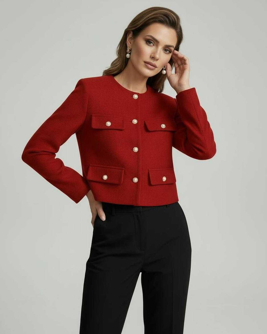 Soleil Jacket by Lauven, vibrant red wool blend jacket with gold buttons and cropped silhouette.