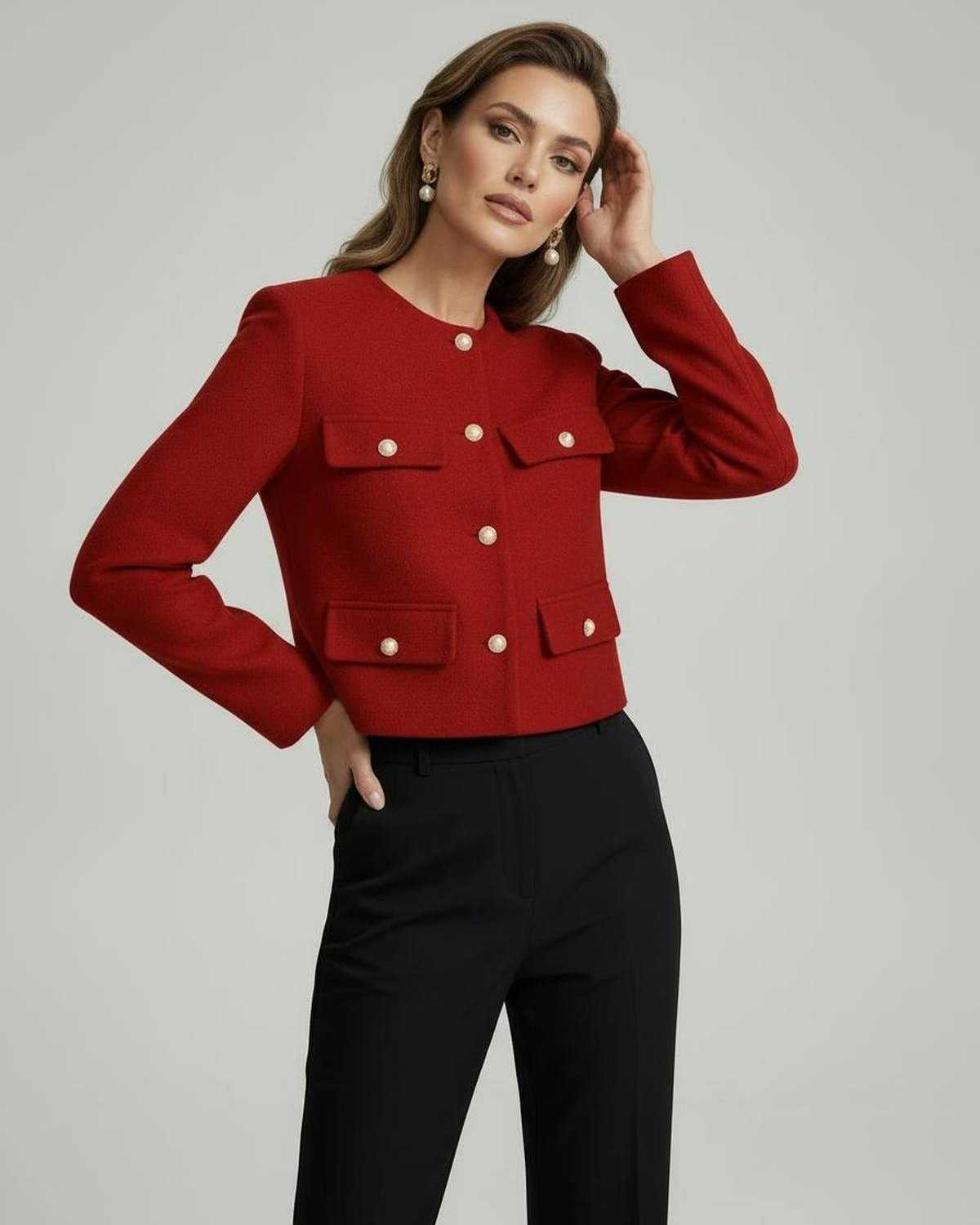 Soleil Jacket by Lauven - Vibrant red wool blend with gold buttons, featuring a tailored cropped silhouette.