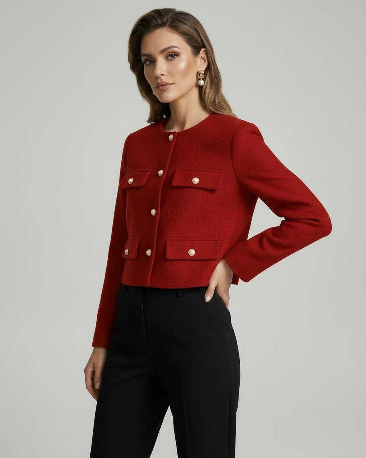 Soleil Jacket by Lauven in vibrant red with gold buttons, showcasing a stylish and structured fit for women.