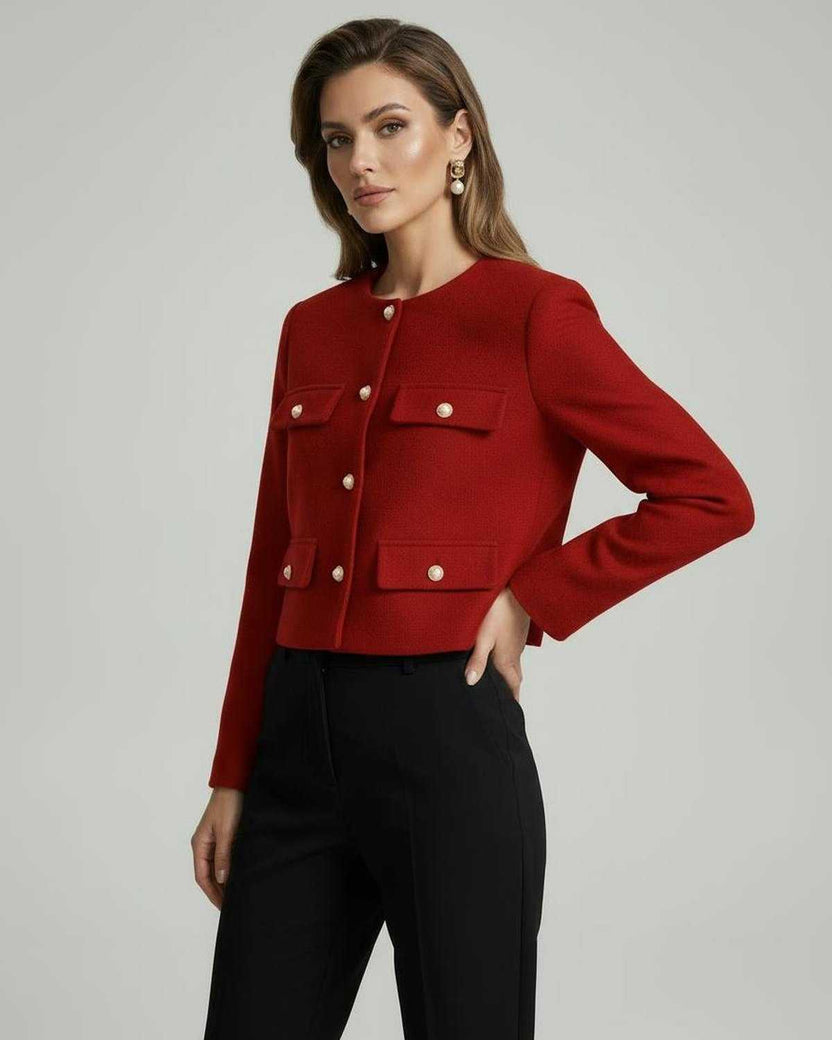 Soleil Jacket by Lauven in vibrant red with gold buttons, showcasing a stylish and structured fit for women.