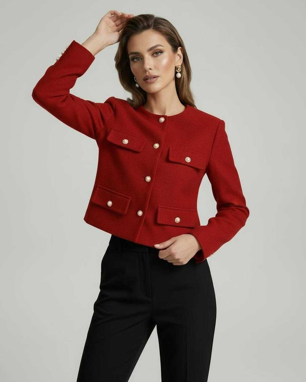 Soleil Jacket by Lauven, vibrant red wool blend with gold buttons, designed for elegant women's fashion.